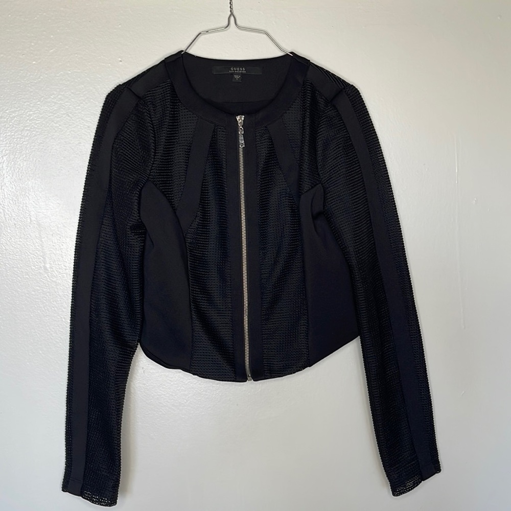 Guess By Los Angeles Black Mesh Ripple Cropped Jacket In Size Small